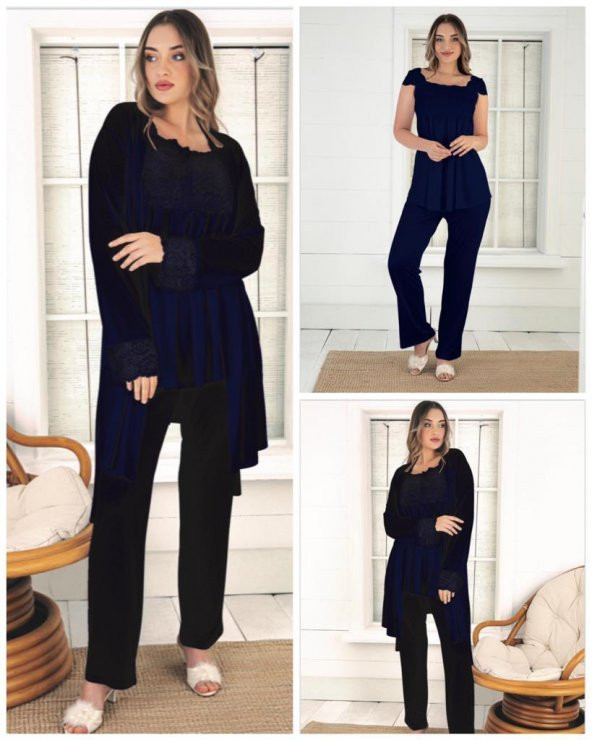 Duchesse 32001 Lacivert Hamile Lohusa 3 Lü Pijama Sabahlık Tk - Resim 2