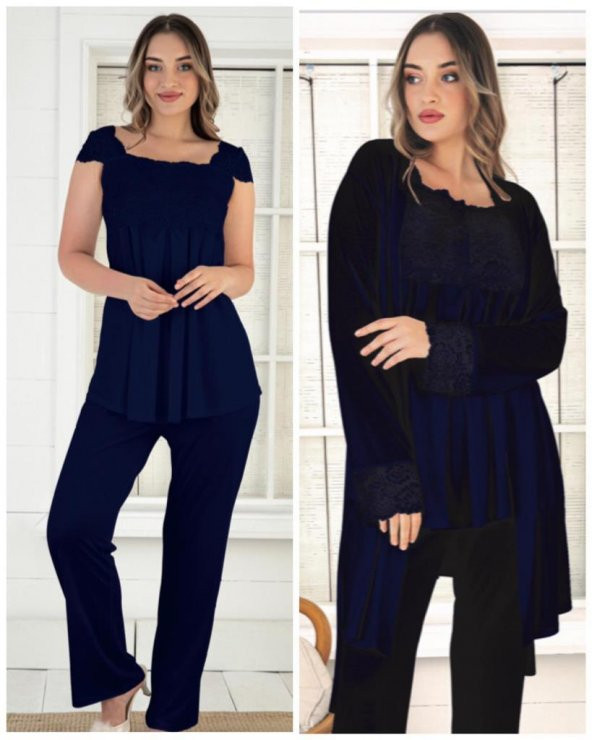 Duchesse 32001 Lacivert Hamile Lohusa 3 Lü Pijama Sabahlık Tk - Resim 6