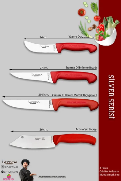 Lazbisa Silver Mutfak Bıçak Seti Günlük Kullanım 4 Parça Et Ekmek Şef Sebze Meyve Soğan Börek Bıçağı - 2