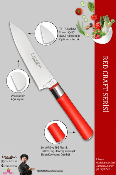 Lazbisa Red Craft Serisi Mutfak Bıçak Seti Et Ekmek Şef Sebze Börek Bıçağı 3 Lü Set (MFT-8476) - Resim 3