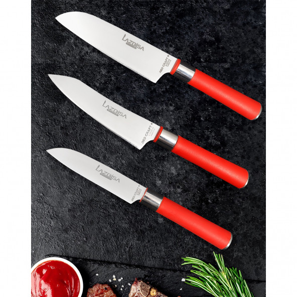 Lazbisa Red Mini Pro Mutfak Bıçak Seti Günlük Kullanım 3 Parça Et Ekmek Şef Sebze Meyve Soğan Börek Bıçağı