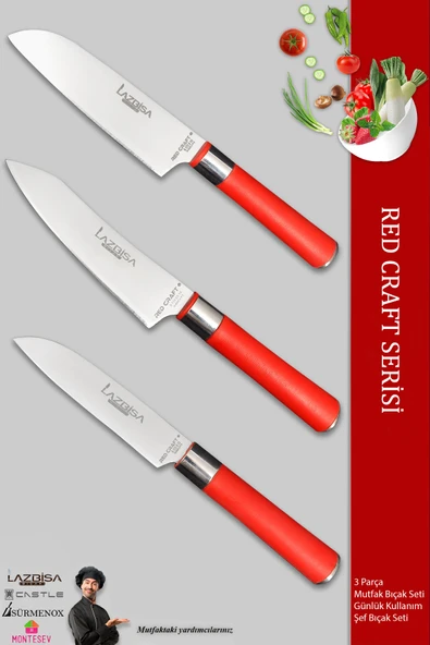 Lazbisa Red Craft Serisi Mutfak Bıçak Seti Et Ekmek Şef Sebze Börek Bıçağı 3 Lü Set (MFT-8476)