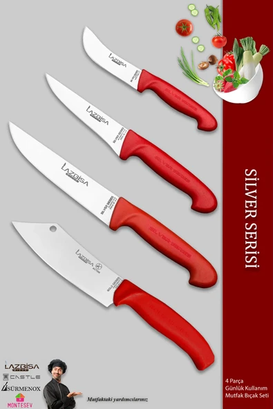 Lazbisa Silver Mutfak Bıçak Seti Günlük Kullanım 4 Parça Et Ekmek Şef Sebze Meyve Soğan Börek Bıçağı