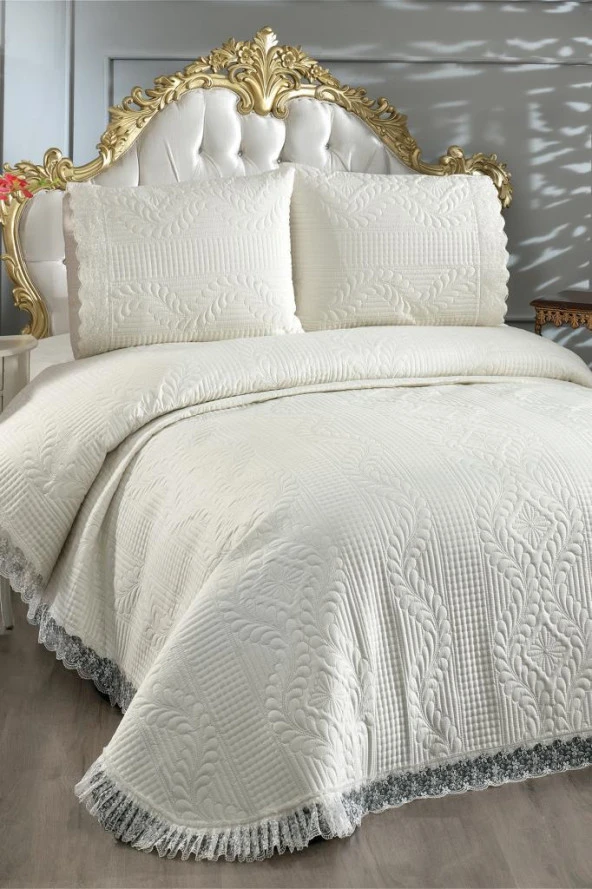 Limena Dantelli Kapitoneli Ultrasonik Çift Kişilik Yatak Örtüsü Krem - Resim 5