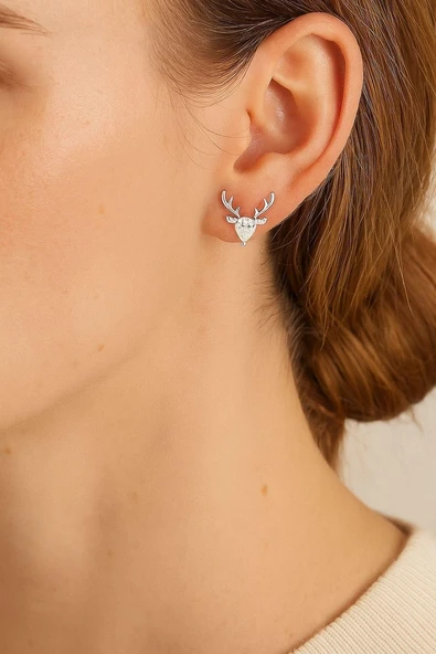 925 Ayar Gümüş Geyik Zirkon Taşlı Kıkırdak Küpe - 2