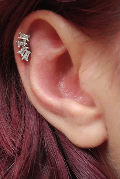 925 Ayar Gümüş Salyangoz Baget Zirkon Taşlı Minimal Kıkırdak Küpe Piercing - 2