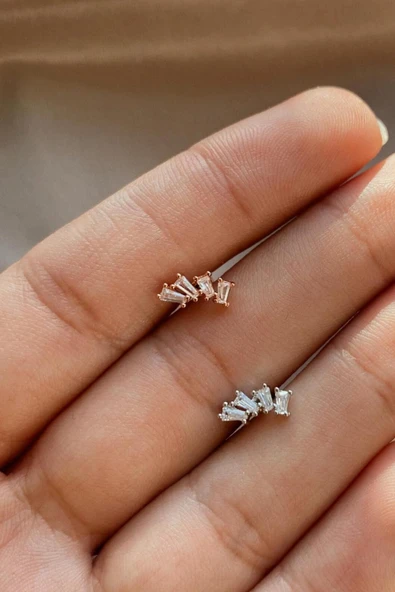 925 Ayar Gümüş Salyangoz Baget Zirkon Taşlı Minimal Kıkırdak Küpe Piercing - 3