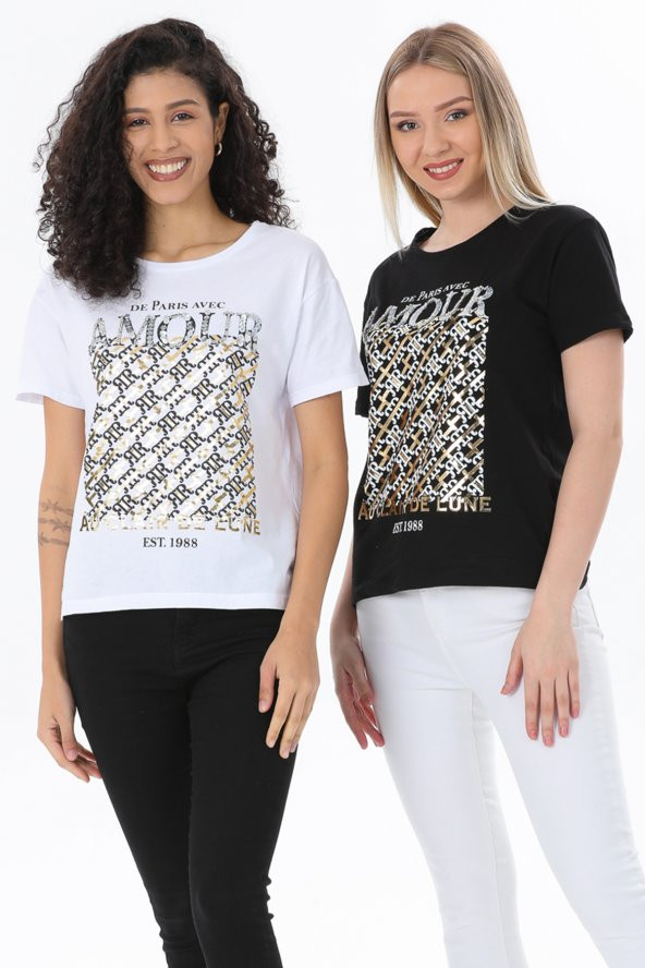 IRK 2li Siyah-Beyaz Pul İşlemeli Parlak Baskılı Kadın T-Shirt