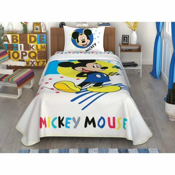 Taç Lisanslı Disney Mickey Colour  100 Pamuk Tek Kişilik Pike Takımı 100x200 cm Çarşaflı