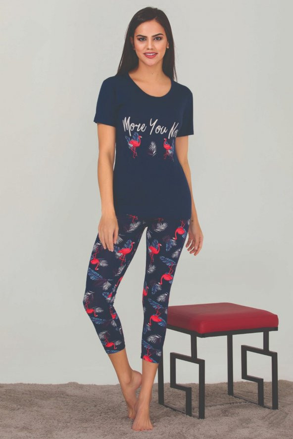 Lacivert Renk Çiçek Desenli Lady 12035 Kısa Kol Kapri Pijama Takımı