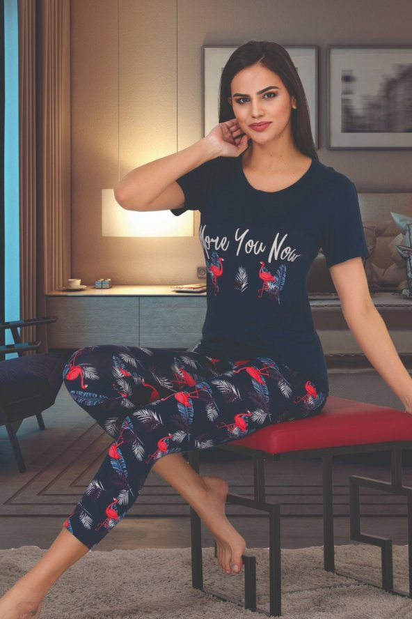 Lacivert Renk Çiçek Desenli Lady 12035 Kısa Kol Kapri Pijama Takımı - 2