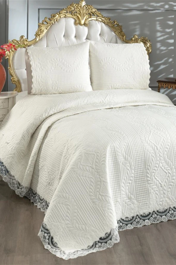 Simirna Dantelli Kapitoneli Ultrasonik Çift Kişilik  Yatak Örtüsü Krem - Resim 2