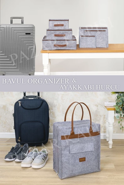 Keçe Lüks Derili Ayakkabı ve Bavul Organizer Çantası Set Gri