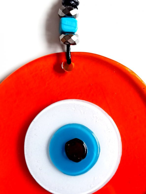 Mavi Nazar Boncuklu El Yapımı Deri İpli Turuncu Renk Şeffaf Cam Duvar Süsü - Resim 3