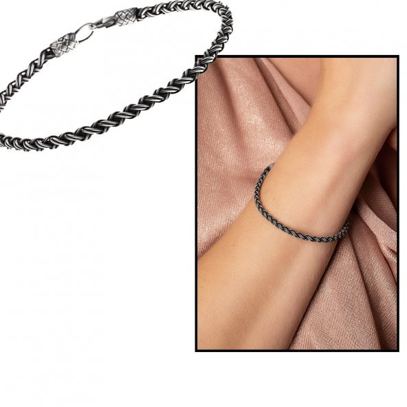 Nipora El İşçiliği Örgü Tasarım Oval Form 1000 Ayar Gümüş Kazaz Unisex Bileklik - 2