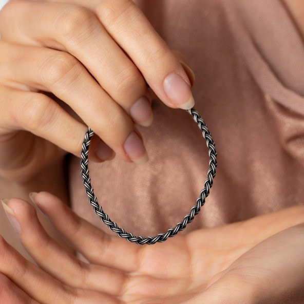 Nipora El İşçiliği Örgü Tasarım Oval Form 1000 Ayar Gümüş Kazaz Unisex Bileklik - 4