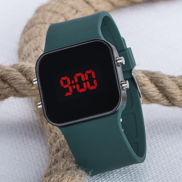 Kare Dijital Led Ekran Petrol Yeşili Silikon Kordonlu Erkek Saat ST-303629