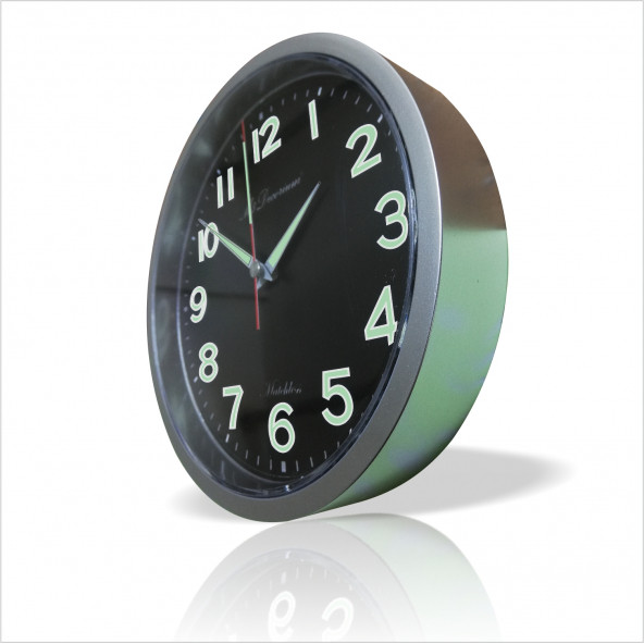 Fosforlu Kalın Rakkamlı Mat Siyah Zeminli Mineral Camlı Metalik Sessiz Kayar Saniyeli Duvar Saati - 3