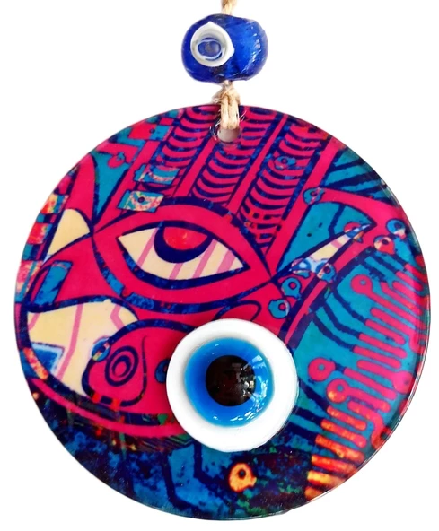 12 Santimetre Füzyon Cam El İşçiliği İle Üretilmiş Nazar Boncuklu Duvar Süsü - Resim 2