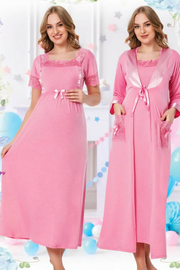 Pembe Renk JNK-36424 Sabahlıklı 2 Parça Lohusa - Hamile Gecelik Takım