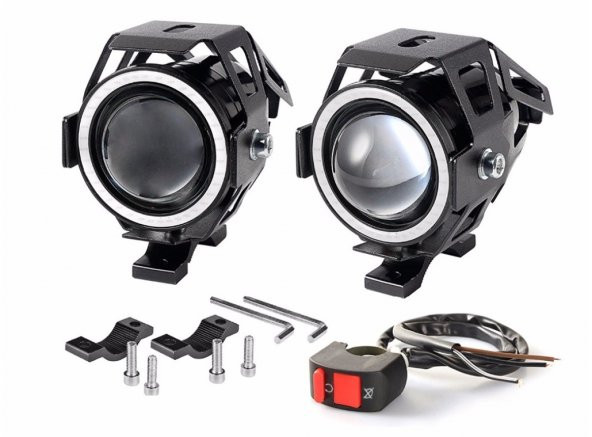 U7 Motosiklet Sis Farı Mercekli Büyük Kafesli Sarı Angel Işıklı Led (2 Adet Led  1 Anahtar)