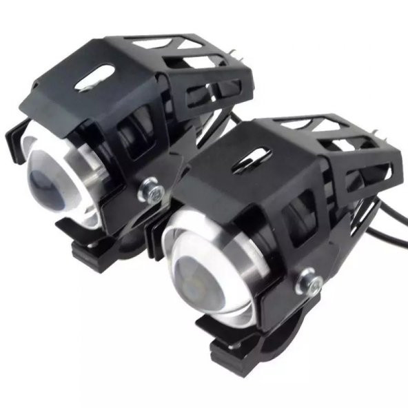 U7 Motosiklet Sis Farı Mercekli Büyük Kafesli Sarı Angel Işıklı Led (2 Adet Led  1 Anahtar) - 2