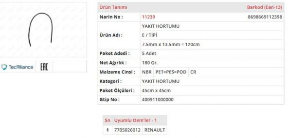 RENAULT R9 / R11 1.4 / 1.6 Benzin Hortumu (7705026012)