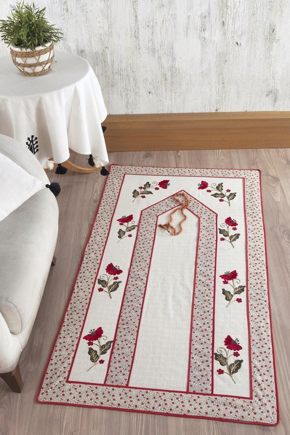 Kır Çiçeği Bordürlü İşlemeli Seccade  Naturel - Kırmızı 70 x 130