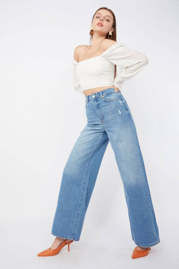 Kadın Mavi Bol Paça Uzun Jean Pantolon
