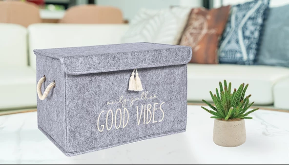 Keçe Kapaklı Çok Amaçlı Mini Kutu Gri Saklama Kutusu 35x24x24 cm - 4