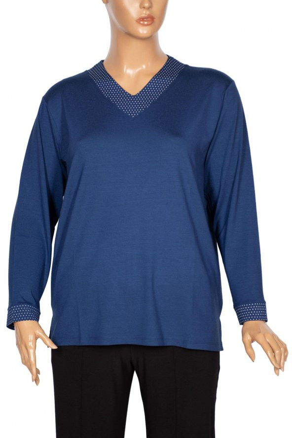 Cimariva Kadın Değer Büyük Beden V Yaka Puantiye indigo Bluz