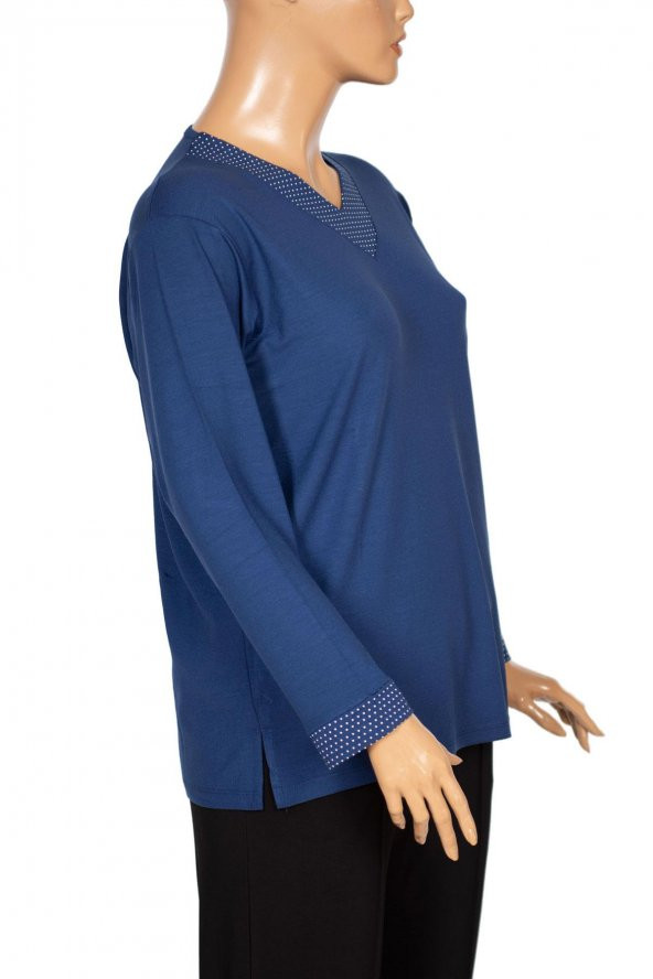 Cimariva Kadın Değer Büyük Beden V Yaka Puantiye indigo Bluz - 3