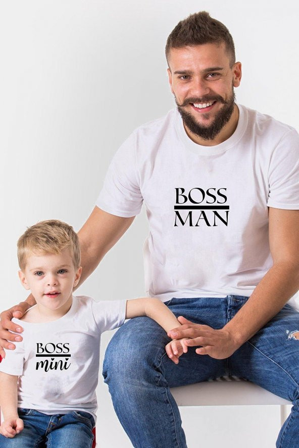 Boss Man Boss Mini Beyaz Baba Oğul Kız Tişört Zıbın Kombini