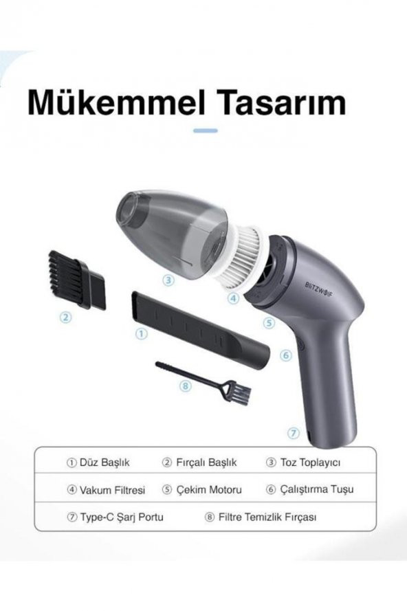 Blitzwolf Bw-ad1 3400rpm Güçlü Emiş Portatif Ev Ve Araç Şarjlı El Süpürgesi - 7