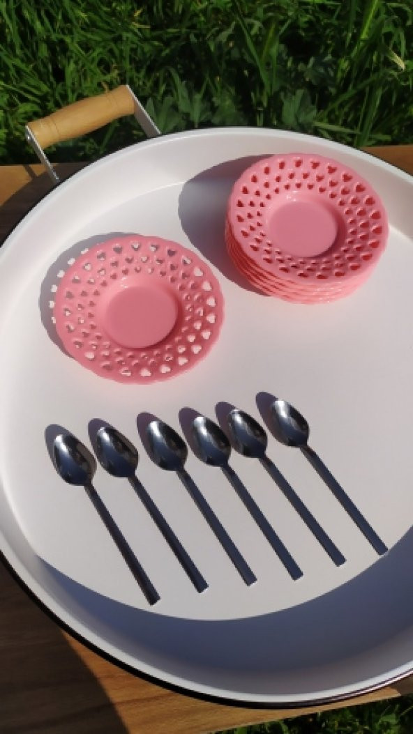 6 lı Kalp Desenli Çay Tabağı ve Paslanmaz Çay Kaşığı Seti Pembe