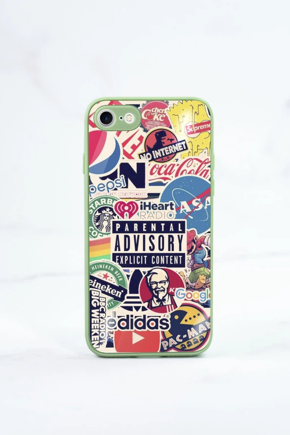 iPhone SE 2020 Glossy Glass Kamera Korumalı Silikonlu Parental Advisory Desenli Telefon Kılıfı