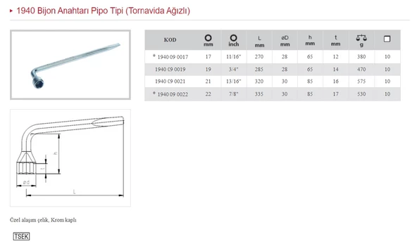 İZELTAŞ 21 MM BİJON ANAHTARI PİPO TİPİ TORNAVİDA AĞIZLI 1940 09 0021