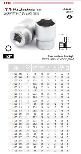 İZELTAŞ 15 MM 1/2 ALTI KÖŞELİ LOKMA ANAHTAR 1113 06 1015