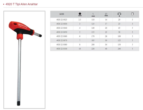 İZELTAŞ 3 T TİPİ ALLEN ANAHTAR 4920 22 0030 - 1