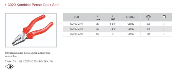İZELTAŞ 160 MM OPAK KOMBİNE PENSE 3020 12 2160