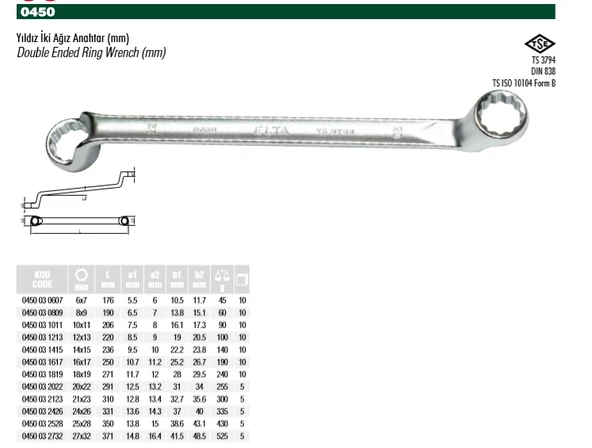 ELTA 14X15 YILDIZ İKİ AĞIZ ANAHTAR 0450 03 1415