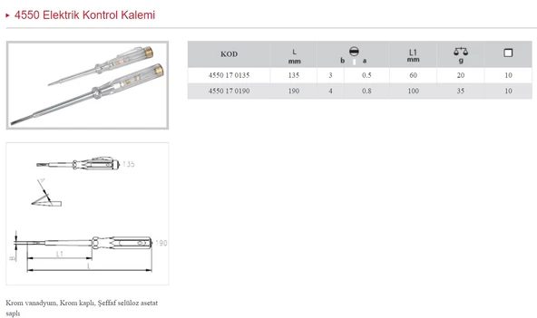İZELTAŞ 135 MM KONTROL KALEMİ - DÜZ UÇLU 4550 17 0135