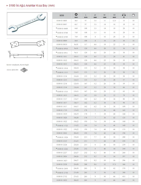 İZELTAŞ 24X26 İKİ AĞIZ KISA ANAHTAR 0100 01 2426 - 1