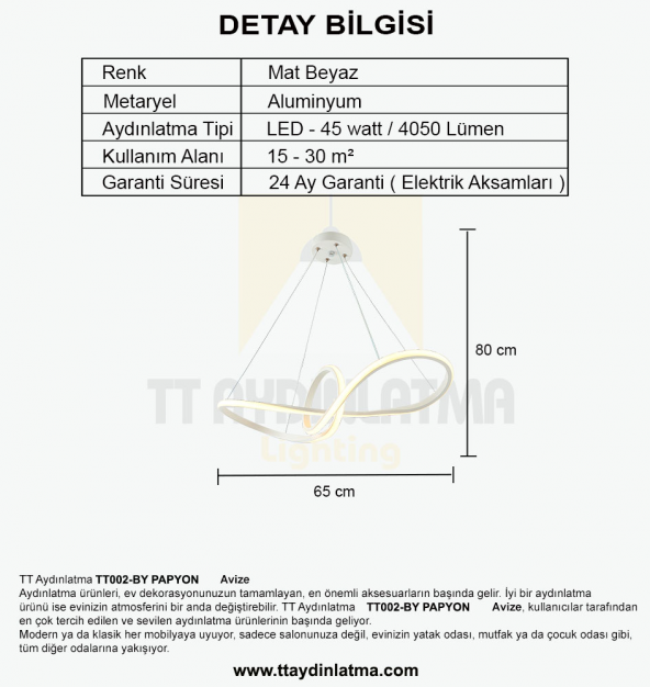 TT Aydınlatma TT002-BY  Papyon Modeli Mat Beyaz Led Avize - 3