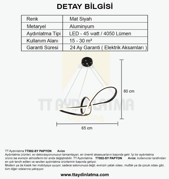 TT002-SY TT Aydınlatma Papyon Modeli Mat Siyah Led Avize - 3
