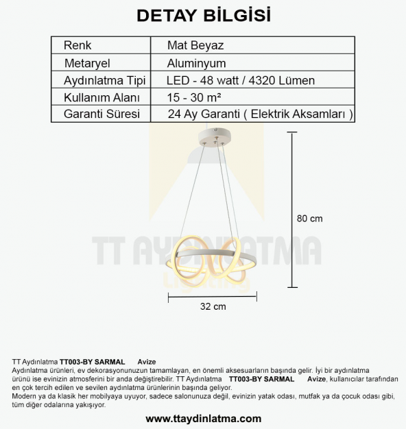 TT Aydınlatma TT003-BY  Sarmal Modeli Mat Beyaz Led Avize - Resim 3
