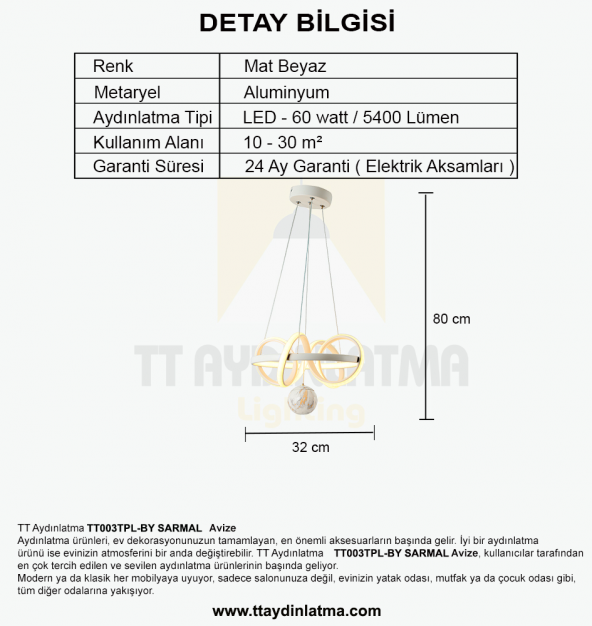 TT Aydınlatma TT003TPL-BY  Sarmal Modeli Mat Beyaz Mermer Desen Toplu Led Avize - Resim 5