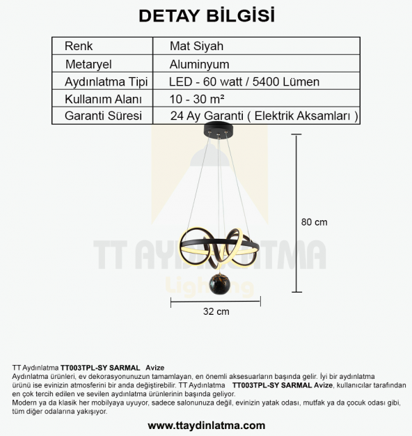 TT Aydınlatma TT003TPL-SY  Sarmal Modeli Mat Siyah Mermer Desen Toplu Led Avize - Resim 5