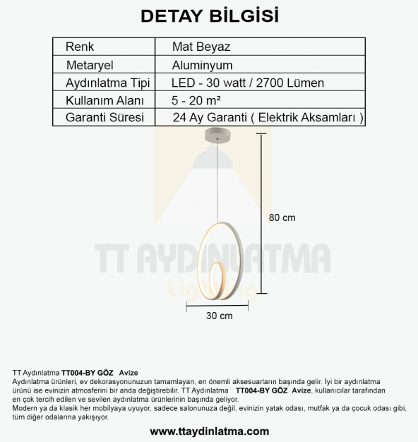 TT Aydınlatma TT004-BY  Göz Modeli Mat Beyaz Led Avize - 3