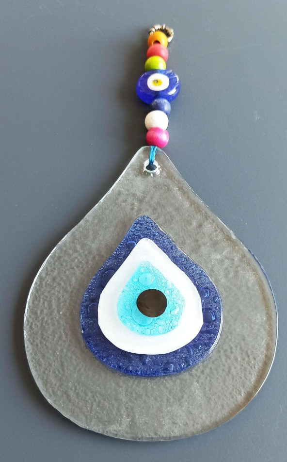 Damla Modeli Nazar Boncuklu Şeffaf Cam El Yapımı Duvar Süsü - Resim 3